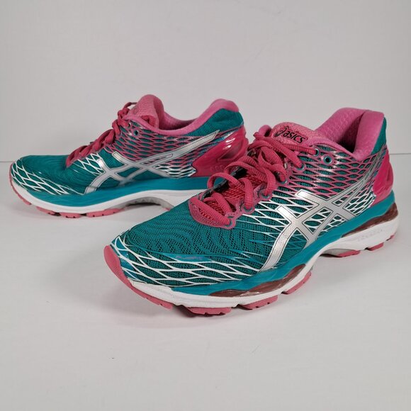Asics Gel Nimbus 18 Women 8 Mesh Teal Silver Pink Athletic Running Sneakers - Picture 2 of 15